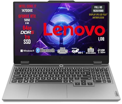 Lenovo Loq Pc Gaming Portatile i7 14700HX, 64 GB RAM DDR5, GeForce RTX 5050 8GB, SSD 1TB, Notebook Gaming Display IPS 15,6 FHD 144Hz, Laptop Gaming Tastiera Retroilluminata, Wi-Fi 6, Thunderbolt