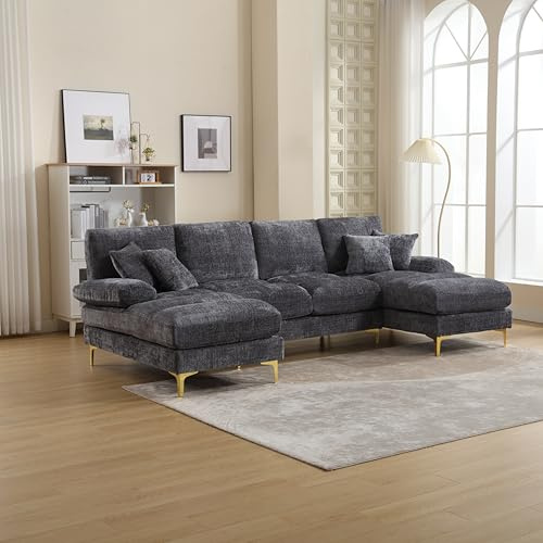 BXEYXE Sofá seccional moderno de chenilla grande en forma de U con asientos dobles para sala de estar, dormitorio, oficina, apartamento, villa, sala de estar, hogar junto a la chimenea