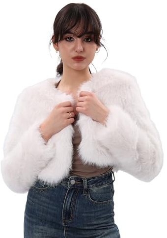 Amazhiyu Cappotto da Donna in Pelliccia Sintetica Corta,Giacca Girocollo Maniche Lunghe,Morbido Caldo Cardigan con Tasche