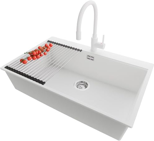 PRIMAGRAN Lavandino da Cucina al Mobile 80cm + Rubinetto, 78x50cm | Set: Rubinetto BW6020 + Kit di scarico + Scolapasta avvolgibile + Lavello in Granito a 1 Vasca - Oslo Top, Bianco