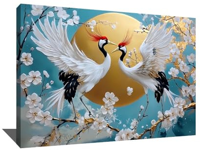 Alessio Cacciatore Tableau Fleur De Cerisier Arbre Japonais - Décoration Murale Blanc Et Bleu - Impression Sur toile Grue Japon - Tableau Grues - Décoration Murale Dorée Salon (120x80cm)