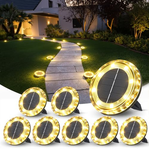 QIHANS 8 Stück Solar Bodenleuchten Aussen, 8 LED Solarleuchten Garten für Aussen, IP65 Wasserdicht LED Gartenbeleuchtung Solarlampen für Garten Rasen Patio Gehweg Auffahrt, Warmweiß