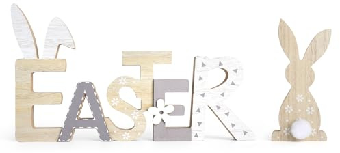 ZRUEWOT 2 Decoraciones de Madera para Pascua – Escritura de Pascua con Conejo de Madera, Decoración Primaveral para Mesa, Ventana y Oficina