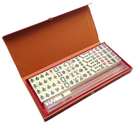 Generiskt Mahjong set | 144 delar, bärbar, klassiskt spel för och på resande fot – Mahjong spelset med 2 tärningar och 4 stativ, för vuxna, nybörjare, på vägen