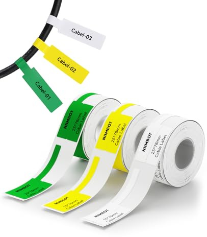 NIIMBOT 3 Rolls Cable Labels for B1/B2/B21/B3/K2/K3/B4 Printers | White, Yellow & Green – 3-Roll Set Cable Labels for Home Office Cord Organization & Wire Identification