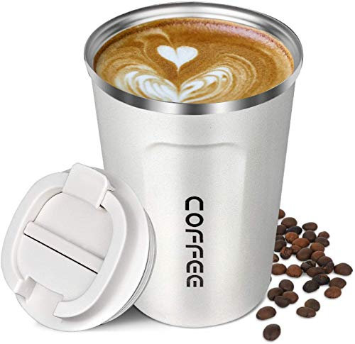 Artlive Coffee Cup, Travel Mug 380ml Insulated & Double Wall Reusable Travel Cup - Thermal Stainless Steel Eco-Friendly with Screw Lid - Hot & Cold Coffee Mug (White, 380 ml)