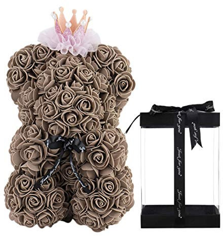 Künstliche Rose Netter Bär mit Geschenkbox, erhaltene künstliche Rose für immer Ewige Blume Bär Puppe mit Krone und süßer Schleife Kreatives Geschenk zum Valentinstag, Jubiläum