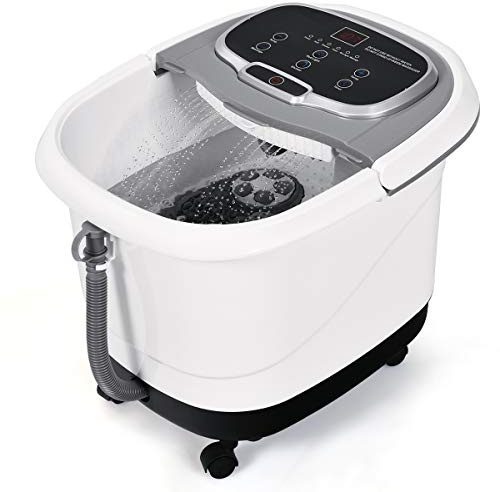 GOPLUS Bain de Pied Massant Chauffant avec Lumière Rouge et Fonction de Douche, Vibrant avec Bulles, Bain de Pieds Électrique avec Température et Temps Ajustable, 6 Rouleaux de Massage, 4 Roues (Gris)