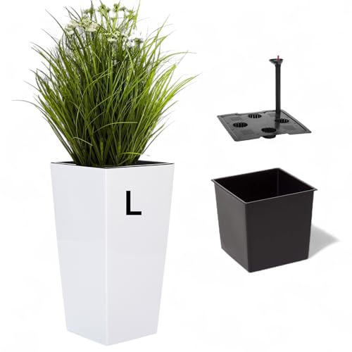 MELTOM Blumentopf Eckig 24x24 x H 46,5 cm Weiß Hoch mit Bewässerungssystem | Gefäß 21 L, Innentopf 11 L herausnehmbar · Wasserstandsanzeiger · für Innen & Außen · Kunststoff, ohne Abflussloch