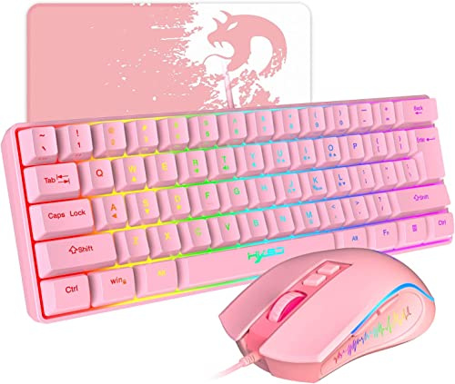 HXSJ V700 Gaming Tastatur und Maus Set,60% Kompakte Tastatur,61 Tasten,TKL Layout,RGB-Beleuchtung,Optische Gaming-Sensormaus mit 7 Tasten,7-Farbiges LED-Licht,Bis zu 3600 DPI,für PC,Mac-Rosa