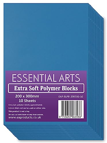Extra Soft 200 x 300mm Double Sided Blue Polymer Blocks Pack of 10 – 3.2mm Super Soft Printing Sheets for Easy Lino Carving Art and Craft 20 x 30cm– by Essential Arts
