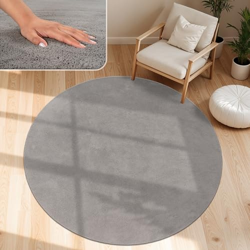 Paco Home Moderner Kuscheliger Wohnzimmer Teppich Kurzflor waschbar flauschig Weich Einfarbig Felloptik zeitlos stilvoll rutschfest pflegeleicht, Grösse:80 cm Rund, Farbe:Grau
