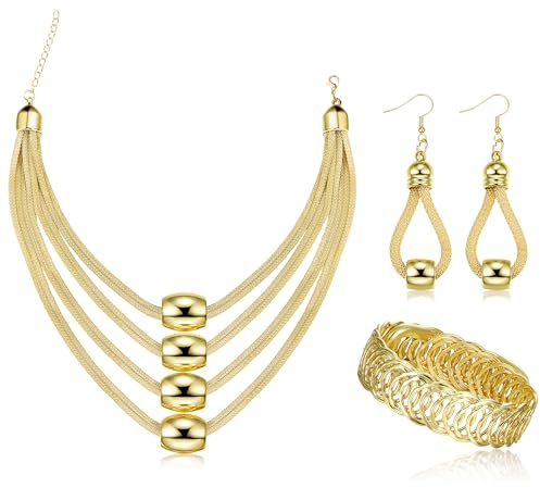 Kakonia 3-teiliges mehrschichtiges Lätzchen-Halsketten-Schmuckset für Frauen-Halsketten-Stretch-Manschettenarmband-Ohrhänger-Halloween Gold