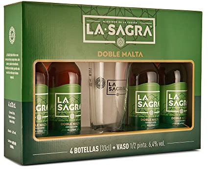 La Sagra - Pack 4 Cervezas de 330 ml de La Sagra Doble Malta - Alc. 6,4 Vol. - Pack de 4 botellas de 33cl + Vaso 1/2 pinta - Total: 1320 ml