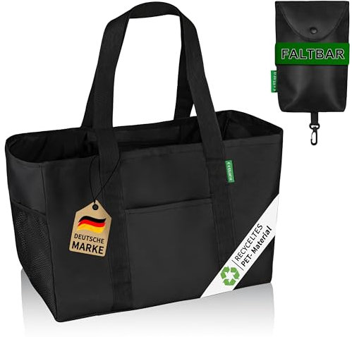 COTTARA® faltbare Einkaufstasche groß mit Zusatztasche zum klein falten | Einkaufskorb aus recyceltem Material | wasserabweisend und stabil | Ideal als Shopper, Badetasche oder Tragetasche Schwarz