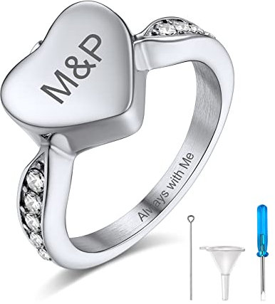 GoldChic Urnen Ring für Asche Edelstahl Damen Herren Ring mit Namen Gravur Herz Ehering Freundschaftsring Memorial Ring für Hunde Katze Feuerbestattung Memorial Urnen Schmuck Ringgröße 54.4（17.3）