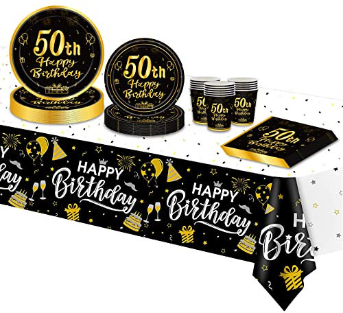 TOPWAYS 50 Años Cumpleaños Platos Desechables Vajilla Set, Oro Negro Papel Desechables Elegantes Platos Tazas Mantel para Fiesta Decoración 50 Cumpleaños Hombre Mujer, 16 invitados (Cumpleaños 50)