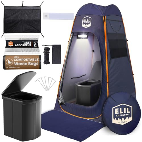 Camping Shower Tent With LED Sensor Light 6.23 ft - Large Easy Pop Up Privacy Tent for Beach Changing and Outdoor Shower Enclosure (Blue With Accessories)