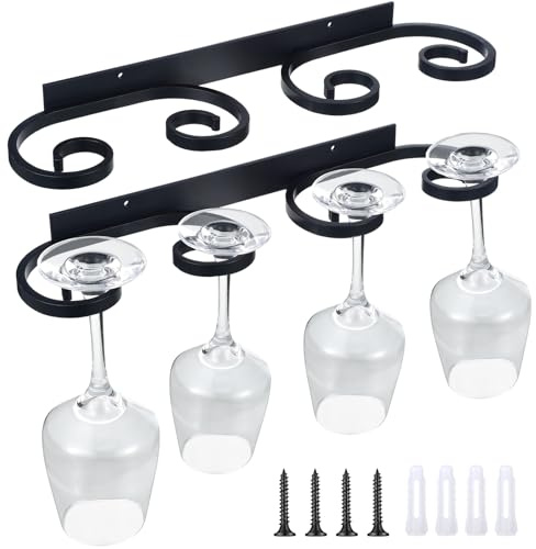 Wenqik 2 Pcs Wall Mounted Wine Glass Rack Stemware Glasses Holder Metal Black Wire Wine Cup Hanger Holder for Stemware Storage Organizer Bar Kitchen (15.12 Inch)