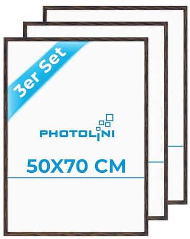 PHOTOLINI Bilderrahmen 50x70 Holz MDF Eiche Dunkel 3er Set, 50x70 cm Bilderrahmen groß, Rahmen 70x50 Puzzle, bruchsicheres Acrylglas, picture frame zum Aufhängen, Fotorahmen für Fotos & Poster