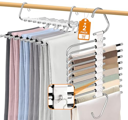 ZOBMIO 2 Stück 9 Etagen Hosenbügel Platzsparend, Edelstahl Kleiderbügel Hosen mit Fest Haken, Hosenaufhängung rutschfest Faltbare, Hosenhalter für Kleiderschrank für Hosen, Schals, Jeans, Kleidung