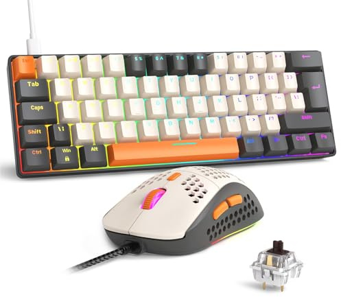 SELORSS RK-T60 Wired Mechanical Gaming Keyboard and Mouse Combo Mini Portable with Rainbow Backlit 62Key NKRO 6400DPI RGB Honeycomb Mice Coiled Aviator Cable for PS4/PC/WIN Gamer(Milk/Brown Switch)