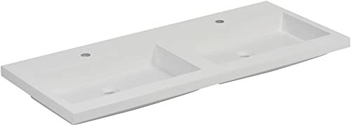 Saqu Straight DoppelWaschbecken Mineralmarmor 120x51 cm - 2 Hahnlöcher Glänzend weiß - Waschbecken für Unterschrank, Waschtisch für Badmöbel Set