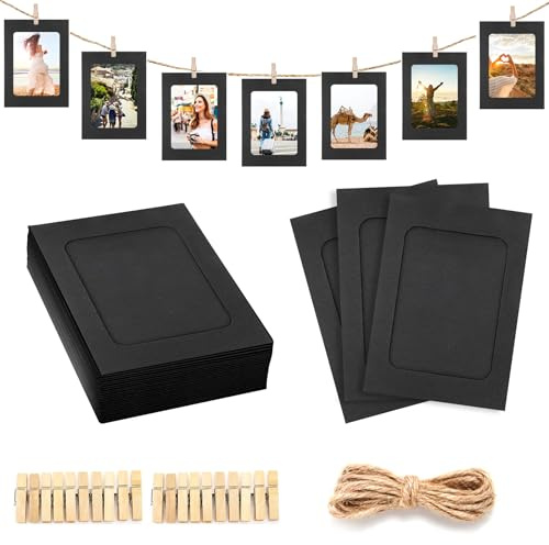 Gyxcelc Cornice di Carta per Foto DIY 11x15cm Album Portafoto Decorazione della Parete con Corda di Iuta e Mollette Appeso Decorazione di Festa Matrimonio e Compleanno 20 Pezzi, Nero