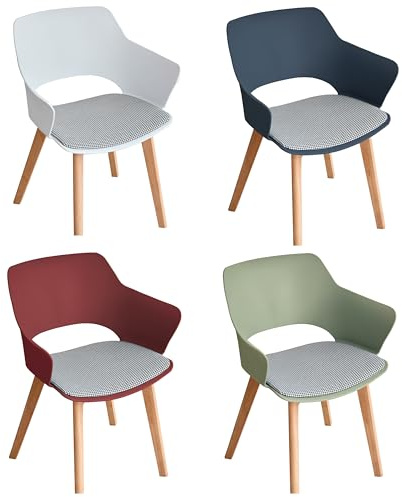 JZGORC Juego de 4 Sillas de Comedor Escandinavas, Silla de Comedor de Estilo Nórdico con Reposabrazos, Patas de Haya, Silla de Cocina Tapizada a Cuadros de Lino - Blanco+ Rojo + Verde + Azul
