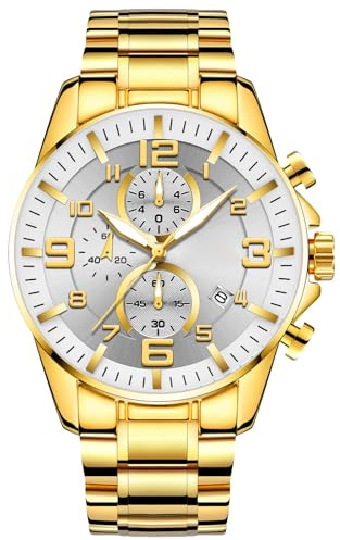 RORIOS Herren Goldene Uhr Edelstahl Business Armbanduhr Multifunktional Chronograph Uhr Analog Quarz Herrenuhren Leuchtend Datum Kalender Uhren Weiß