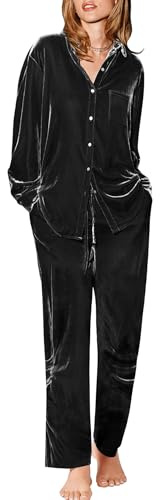 Ekouaer Velour Track Suits for Women Long Sleeve Pajama Set Casual 2 Piece Loungewear Black X-Large