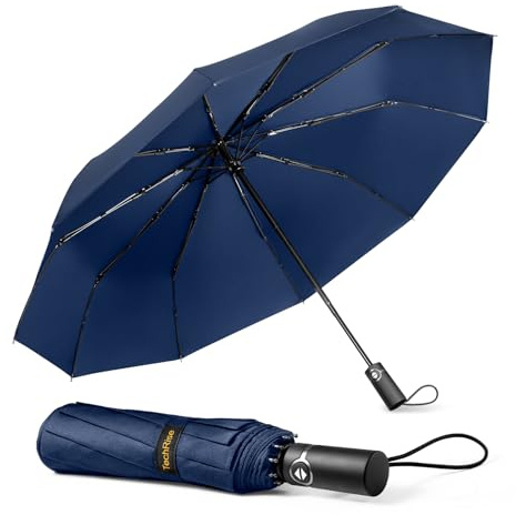 TechRise Ombrello Pieghevole, Ombrello Automatico Antivento Compatto e Forte con 10 Stecche, Apertura e Chiusura con un Solo Pulsante, Ombrello da Viaggio Portatile Leggero per Uomini e Donne, Blu