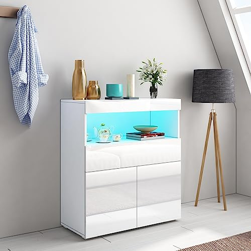 Modern Sideboard Schrank mit 2 Türen, 1 Schublade und Regal für Wohnzimmer | Esszimmer und Flur - Weiß, LED Licht, 80x35x90cm