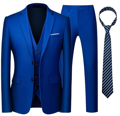 KUDORO Costume Homme 3 Pièces pour Mariage Business Slim Fit Smoking à Deux Boutons Blazer Veste et Pantalon Gilet avec Cravate(Bijou Bleu,L)