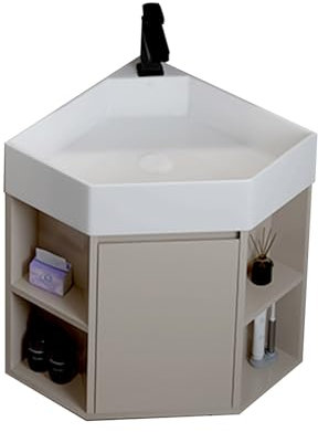 Eckwaschbecken fürs Badezimmer, Keramikwaschbecken, Eckwaschbecken fürs Badezimmer, Eckwaschbecken mit Standfuß, Badezimmerschrank mit Wasserhahn und Abfluss, wandmontiertes Schrankset für k