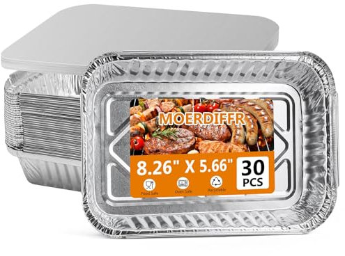 MOERDIFFER 30Pcs Aluminium Foil Baking Trays, Disposable Aluminium Foil Trays with Lids, Tin Foil Trays Foil Container for Baking/Cooking/Roasting, Food Storage & Freezing (L)