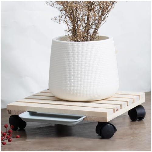 KITCISSL Support Plante Balcon Porte Plante Interieur en Bois, Porte Plantes Support Pot De Fleur Roulette, Chariot À roulettes Support Rond Plateau Roulant pour Bureau À Domicile(Khaki,40x40cm)