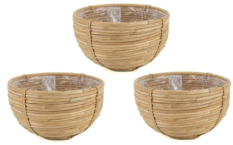 DARO DEKO Rattan Korb Pflanz-Schale rund Ø 25 x 15cm - 3 Stück mit Einsatz Blumentopf geflochten Aufbewahrungskorb Übertopf Blumenkorb