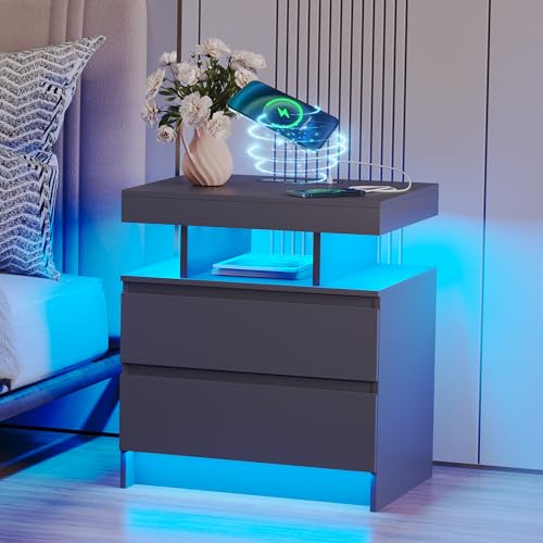 Vlsrka Smart Nachttisch mit Ladestation, Drahtloses Laden und LED Licht