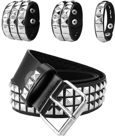 Y2K Gürtel Nietengürtel Leder Mit 3 Hellen Nietenarmbändern, Schwarz PU Ledergürtel Pyramidennietengürtel, Gürtel Mit Nieten Nietengürtel für Jeans,Hosen,Gothic, Metall Punk Rock, Frauen und Männer