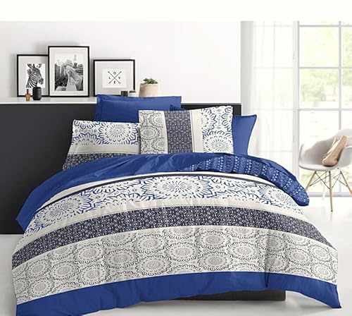 Générique Parure de Lit 4 Pièces, 160 x 200 cm, Motif Floral Bleu et Blanc, Coton 57 Fils/cm², Queen Size