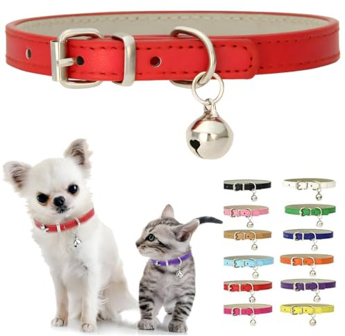 Red Cat Collar With Bell, Pu Leather XXS Dog Collar For Small Dogs Soft Puppy Collar With Bell Adjustable Buckle For Tiny Teacup XS Extra Small Female Girls Kitten Pets Like Chihuahua, XX-Small