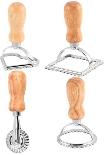 Mskmnkot 4Pcs Cookie Cutter, Heart, Round, Square & Wheel Biscuit Cutter, Zinc Alloy Cookie Press with Wood Handle, Multi-Purpose Baking Tools for Pie, Ravioli & More Biscuit