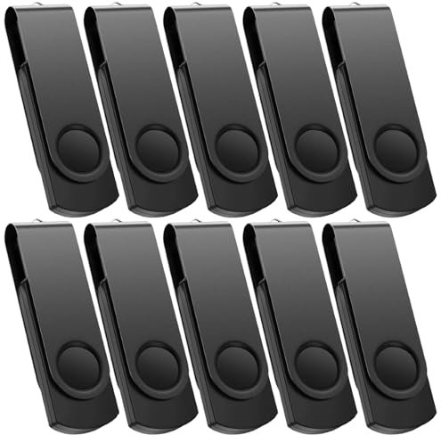 Kepmem USB Stick USB 2.0 Paquete de 10 USB Flash 2 GB Memoria USB Diseño Giratorio Metálico Pendrive Flash Drive con Luz LED Mini Unidad Flash Barato para Almacenamiento de Datos Negro
