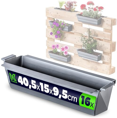 KADAX Set de 16 jardineras para paletas con sistema de suspensión, 37x9 cm plateado, para plantar y decorar como jardinera de balcón, maceta para paleta europea, inserto para maceta y florero para