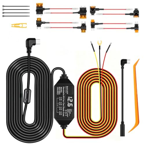 Dash Cam Hardwire Kit USB C, 12V-24V to 5V/3A Adapter Power Cable with Voltage Display, 24/7 Parking Mode, Acc Detection, 4-Level Low Voltage Protection (11.6V/11.9V/12.2V/12.5V)