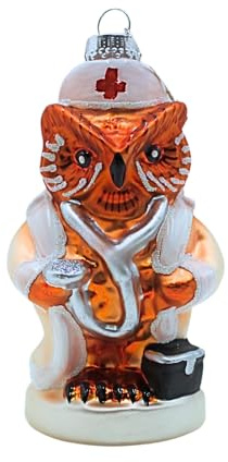 Dekorhjälten24 Lauschaer julgranspynt, julgranskulor, bullerus, glaskulor, julgranskulor, glasornament uggla, glashängning uggla, glassjuksköterska i vitt, av lauscha, L/B/H 5 x 4 x 11 cm.