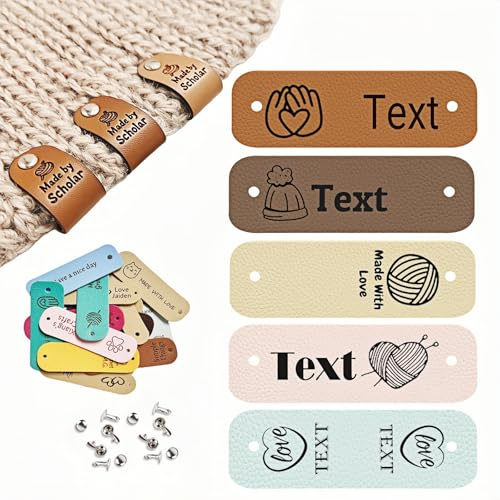 zyinoant Personalisierte Handgefertigte Lederetiketten Mit Nieten, Handmade Labels mit Löchern oder Nieten, für Stricken, Häkeln, Kleidung, DIY, Hüte, Schals, Taschen (C-2.5 * 0.8)