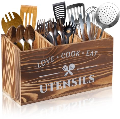 lalago Porte-Ustensiles de Cuisine à 3 Compartiments avec Fond Drainant, Range-Ustensiles en Bois, Organiseur Rustique de Cuisine pour Plan de Travail, Plan de Travail, Décoration Marron