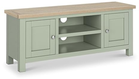 RoselandFurniture Farro Sage Green 120cm Large TV Unit for Living Room with Washed Oak Top | Fully Assembled | Solid Wooden Television Table with Cabinet Storage Suitable for 54 Widescreens